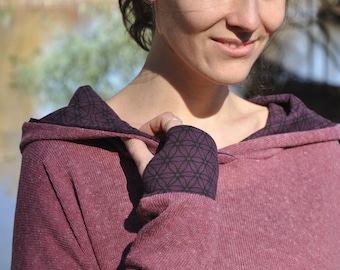 loose fit knit hoodie with thumbholes in rose red