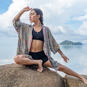 colorful patterned kimono, blouse, throw, light jacket in green, pink and light blue