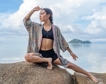 colorful patterned kimono, blouse, throw, light jacket in green, pink and light blue