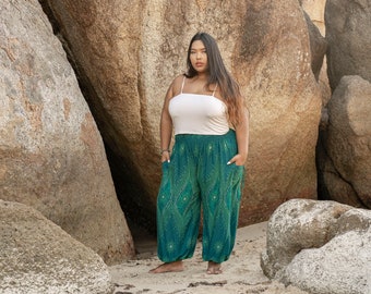 PLUS SIZE luchtige harembroek met pauwenpatroon in turquoise met zakken, XXL, grote maat