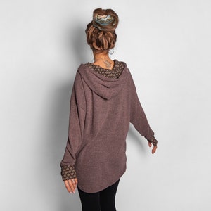 long knit hoodie with thumbholes in brown image 8