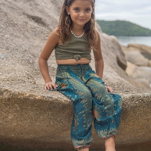 türkis orange gemusterte Pluderhose mit Pfauenmuster für Kinder Bild 6