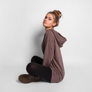 long knit hoodie with thumbholes in brown image 7