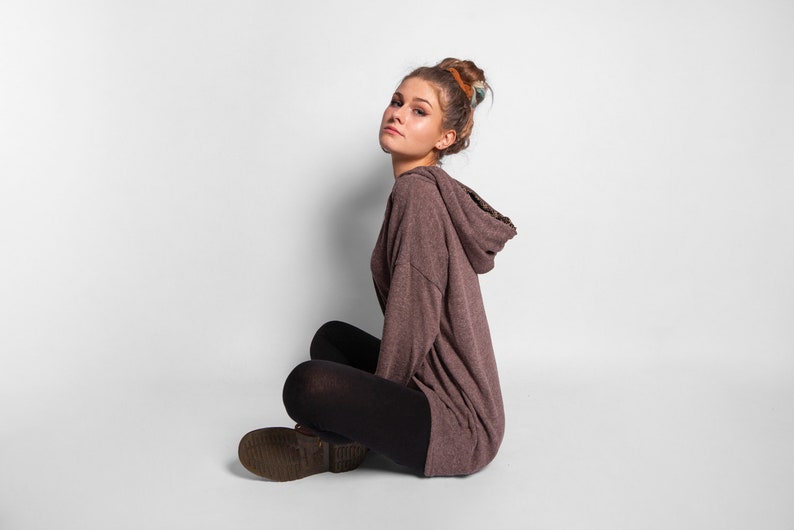 long knit hoodie with thumbholes in brown image 7