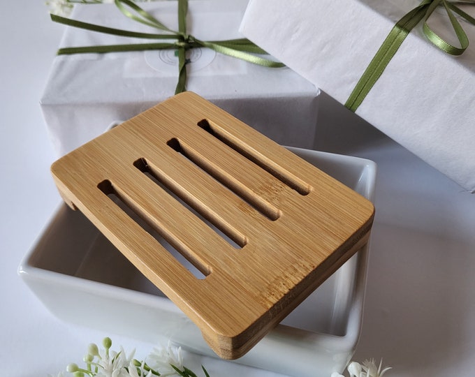 Soap Dish Tray.Ceramic Classic Soap Dish.Bamboo Soap Tray.Elegant White Soap Saver Dish.Double layer Soap Dish Tray.Large Square Soap Dish.