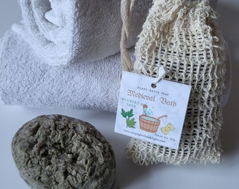 Medieval Bath Handmade Soap. Herbal Rosemary Soap.Soap and Sisal Sponge exfoliating Set. Renaissance Gift Soap.Vegan Handmade Stonelike Soap