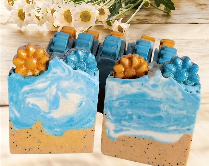 Sunflower Kiss Artisan Soap.  Turmeric Poppy seed bars. Shea,Kokum butter,Hempseed Soap.Handcrafted Sunflower Gift Soap.Vegan Handmade Soap