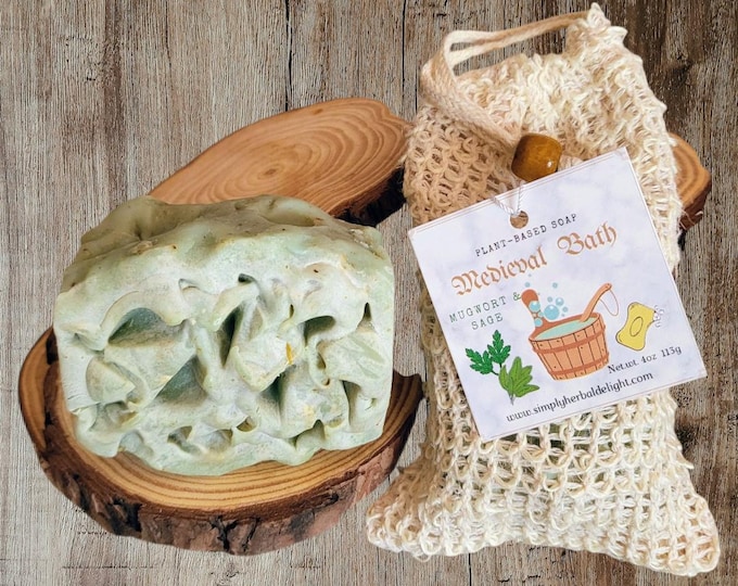 Medieval Bath Handmade Soap.Mugwort Rosemary.Soap with Sisal Sponge Exfoliating Bag.Renaissance Gift Soap. Herbal Handcrafted Stonelike Soap