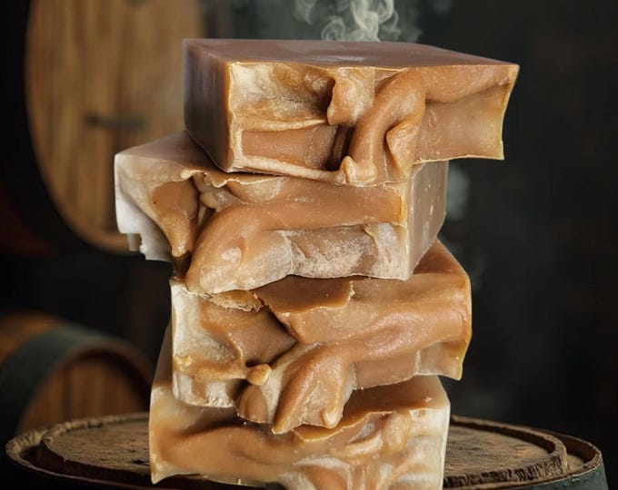 Rum and Bourbon Artisan Soap.Shea butter,Olive oil, Hempseed Vegan Soap.Tea Brew of Oak and Hops.Rum and Bourbon bars.Dark Wood and Cedar