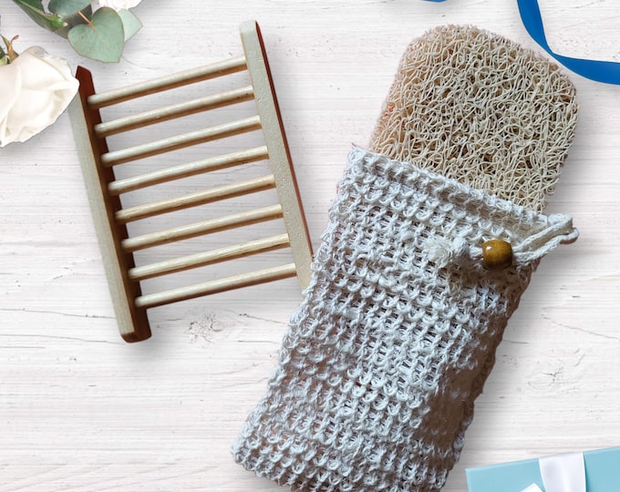 Soap Saver Set of 3.Shower-Bath Soap Holder.Bamboo Soap Tray/Dish.Non-Slip Soap Holder Pad.Soap Saver exfoliating Sisal Bag.Soap Saver Set