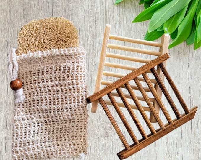 Soap Saver Set of 3.Shower-Bath Soap Holder.Bamboo Soap Tray/Dish.Non-Slip Soap Holder Pad.Soap Saver exfoliating Sisal Bag.Soap Saver Set
