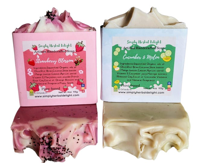 Strawberry Blossom Cucumber Melon Handmade Soap Set.Shea and Mango butter Handcrafted Soap.Strawberry Cucumber Vegan Soap.Artisan Soap Set
