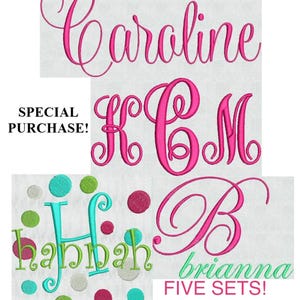 May include: Embroidery designs featuring the name Caroline in pink script, a pink monogram KCM, the name Hannah in teal with colorful polka dots, the letter B in pink script, and the name brianna in green script with text SPECIAL PURCHASE! FIVE SETS!