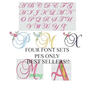 May include: A digital embroidery alphabet set featuring pink cursive letters A through Z. Below are examples of letters P, M, and X decorated with floral accents, along with the text FOUR FONT SETS PES ONLY BEST SELLERS, and examples of the letter M with the name mary and the letter A with a plaid pattern.