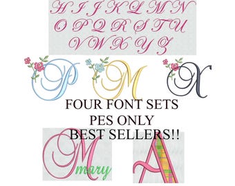 Machine Embroidery Fonts Bundle Designs Script Monogram Appliqué  PES Four Styles  Instant Download