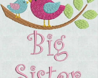 HUGE SALE! Instant Download Machine Embroidery Fonts Designs Big Sister Birds Announcement 4 x 4 PES Format Exclusive