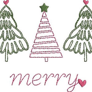 May include: Three stylized Christmas trees with pink hearts on top and the word "merry" in pink script below. The center tree has a star on top and is decorated with pink stripes.