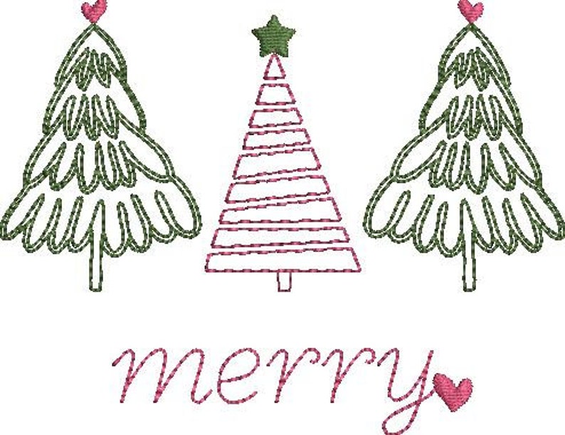 May include: Three stylized Christmas trees with pink hearts on top and the word "merry" in pink script below. The center tree has a star on top and is decorated with pink stripes.
