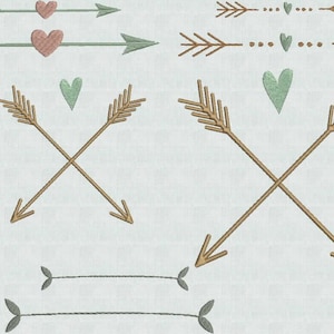 Puede incluir: Un conjunto de seis diseños de bordado digital que presentan flechas y corazones. Los diseños son de estilo rústico con colores marrones y verdes.