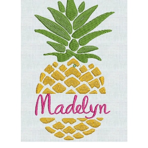 May include: A yellow pineapple with green leaves and the name "Madelyn" written in pink inside the pineapple.