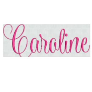May include: The name Caroline is written in a bright pink, cursive script font. The letters feature a distinct embroidery-style texture with visible stitching patterns, set against a plain, light-colored, textured fabric background.