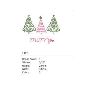 May include: An embroidery design featuring three stylized Christmas trees with red and green stitching. The trees are arranged in a row with the middle tree slightly taller. The word "merry" is stitched in pink below the trees with a small heart.