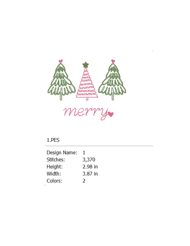 May include: An embroidery design featuring three stylized Christmas trees with red and green stitching. The trees are arranged in a row with the middle tree slightly taller. The word "merry" is stitched in pink below the trees with a small heart.