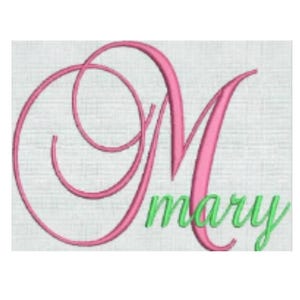 May include: An embroidery design featuring a large, stylized pink letter M with a cursive script font. The name mary is stitched in a smaller, bright green cursive font, positioned horizontally across the lower right section of the pink letter M.