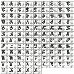 May include: A chart of 26 different monogram letter designs in black. Each letter is displayed in various sizes, with measurements listed below each letter.