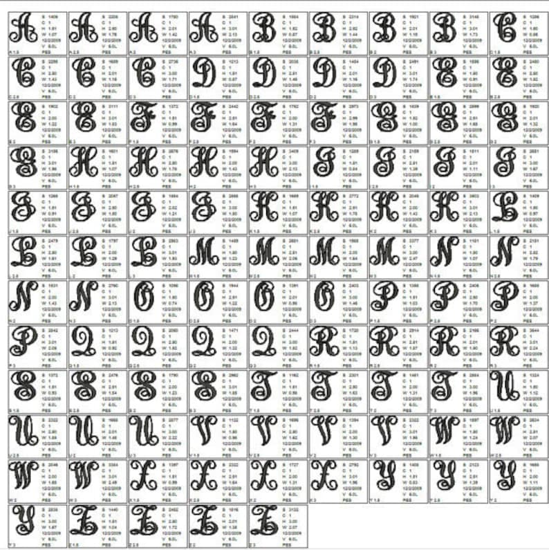 May include: A chart of 26 different monogram letter designs in black. Each letter is displayed in various sizes, with measurements listed below each letter.