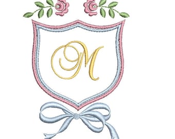 Floral Monogram Frame Embroidery Design, Ribbon Bow (PES File)