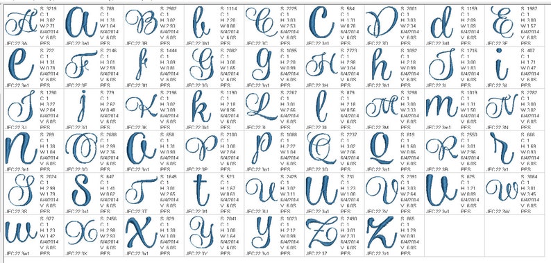 May include: A digital embroidery font chart displaying uppercase and lowercase letters in a blue cursive script. Each character is accompanied by technical data including stitch counts, height, width, and file names, organized in a grid format.