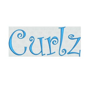 May include: The word Curlz is displayed in a bright blue, stylized, decorative font. The letters feature distinct, rounded, and swirling flourishes, creating a playful appearance. The text is presented against a plain, light-colored background.