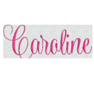 May include: The name Caroline is embroidered in a vibrant hot pink thread using a flowing, cursive script font. The lettering features a distinct satin stitch texture, creating a raised, dimensional appearance against a plain white fabric background.