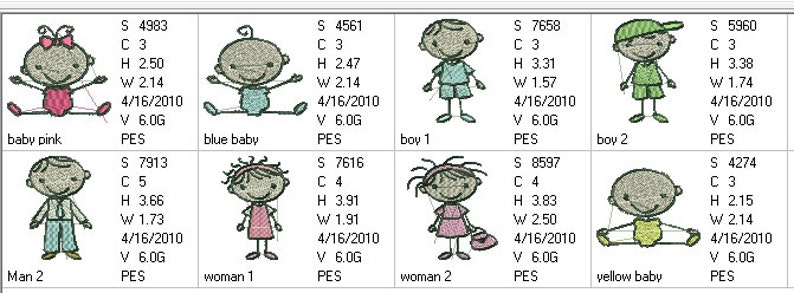 May include: Eight embroidery designs of stick figures, including a pink baby, a blue baby, a yellow baby, a man, a woman, and three children. Each design includes the stitch count, height, width, date, and file type.