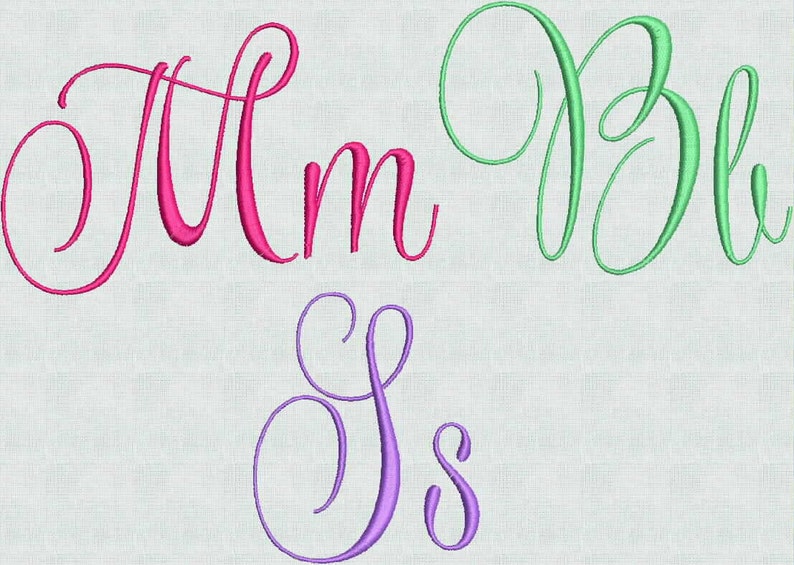 May include: An embroidery design featuring the letters Mm in hot pink, Bb in light green, and Ss in purple. Each letter is rendered in a flowing, cursive script font with a satin stitch texture, displayed against a light gray grid background.