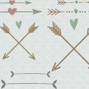 May include: A set of digital embroidery designs featuring arrows and hearts. The designs are in a rustic style with brown and green colors.