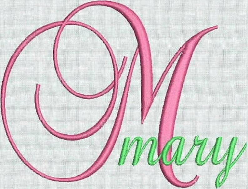 May include: A pink cursive letter M with a decorative swirl, followed by the name "mary" in green cursive.