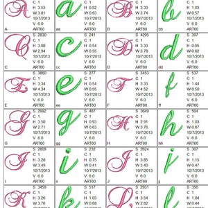 May include: A chart of embroidered letters in green and pink. The letters are stylized and cursive. The chart includes the letters A through L.