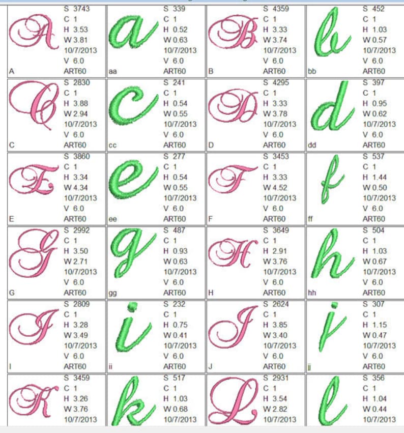 May include: A chart of embroidered letters in green and pink. The letters are stylized and cursive. The chart includes the letters A through L.