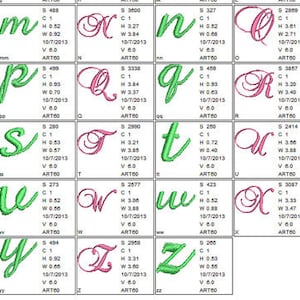 May include: A chart of the alphabet in cursive script. Each letter is embroidered in either pink or green thread. The letters are arranged in rows and columns with a white background.