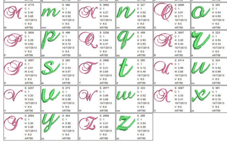 May include: A chart of the alphabet in cursive script. Each letter is embroidered in either pink or green thread. The letters are arranged in rows and columns with a white background.