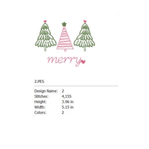 May include: Embroidered design of three green Christmas trees with red and white stripes, a star on top of the center tree, and the word "merry" in pink with a heart.