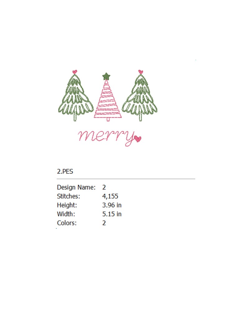 May include: Embroidered design of three green Christmas trees with red and white stripes, a star on top of the center tree, and the word "merry" in pink with a heart.