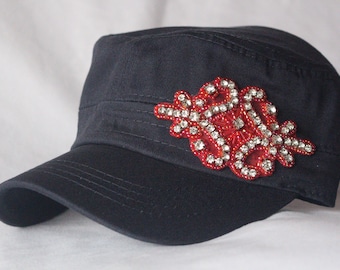 Womens Hats, Womans Bling Rhinestone Cadet Cap, Military Style Hat with rhinestone accent