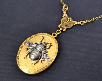 Locket Necklace Vintage Silver Bee Necklace Art Nouveau Inspired Necklace Long Pendant Necklace Handmade Jewelry Victorian Edwardian