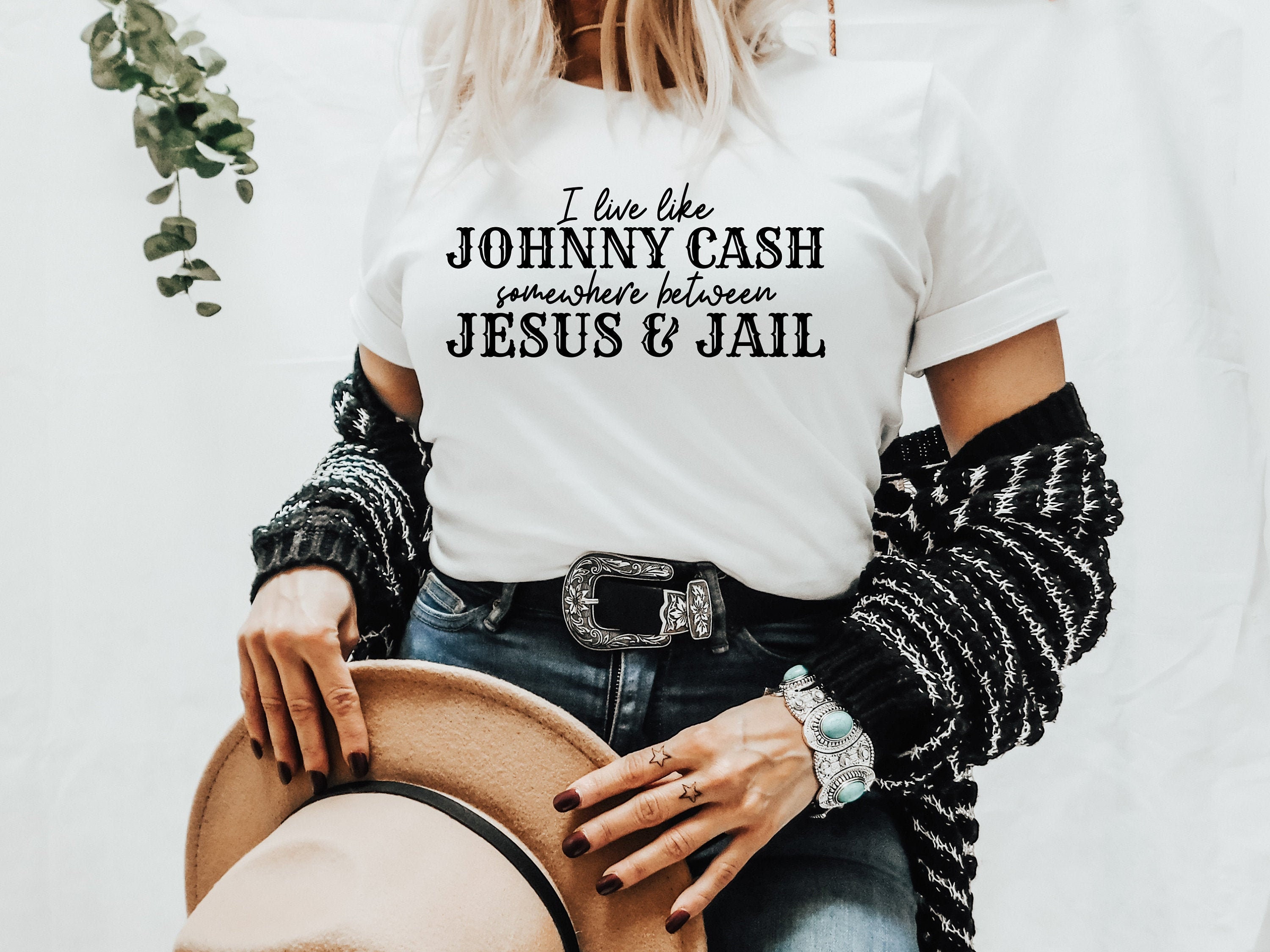 I Live Like Johnny Cash Somewhere Between Jesus & Jail Distressed Bleached TShirt