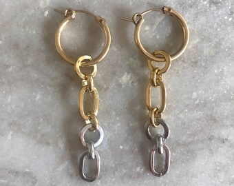 Mixed Metal Chain Drop Earrings: Gold Filled Hoops