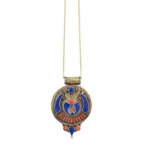 Nepalese Lapis & Coral Pendant Necklace: Tribal Brass Jewelry
