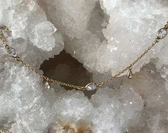 24k Gold Overlay Star Dust Choker: Cubic Zirconia Dainty Necklace